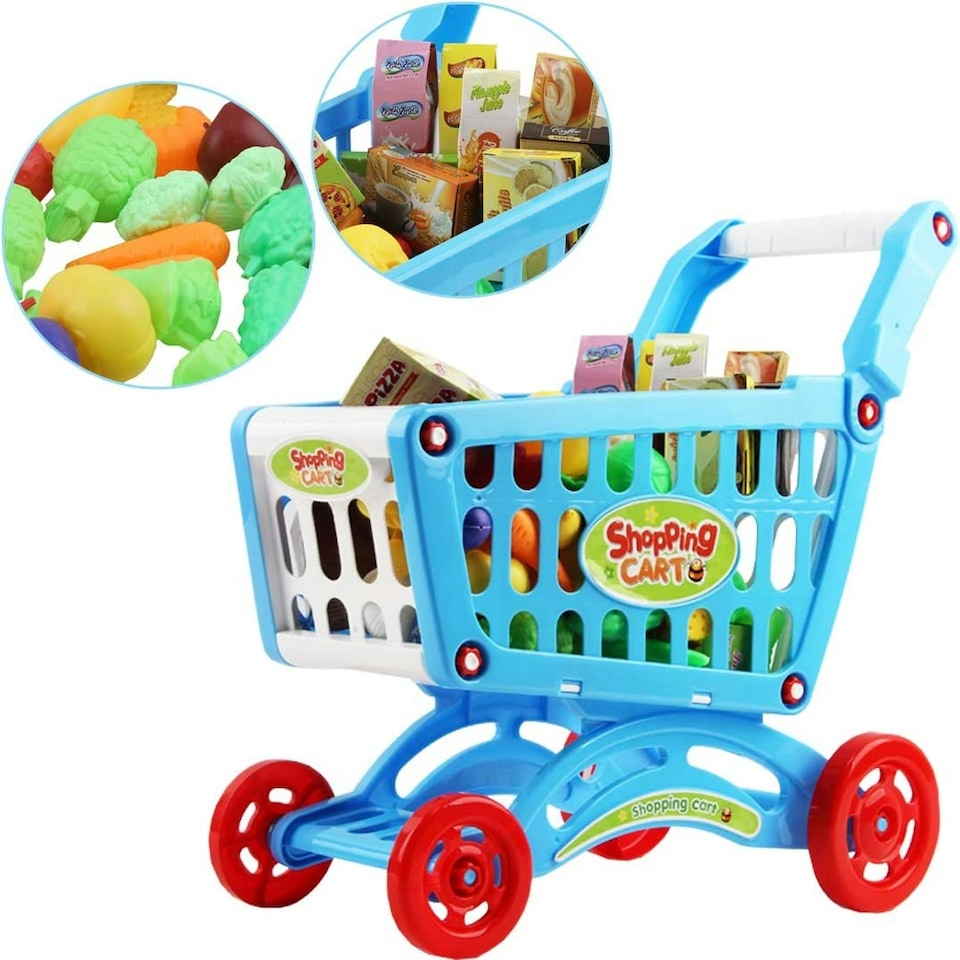 image 1 of Shopping Cart Trolley Play Set for Children – Includes 78 Grocery Food, Fruit, and Vegetable Accessories (Blue)