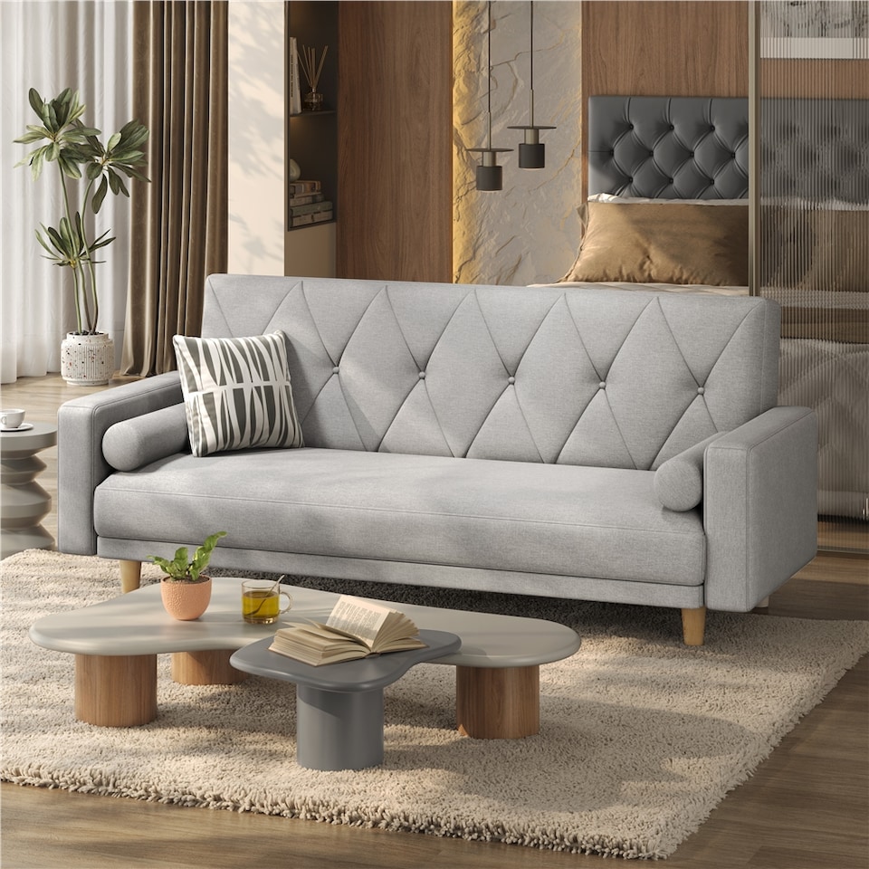 image 1 of Yaheetech Fabric Convertible Sofa Bed with 2 Bolster Pillows-Light Grey
