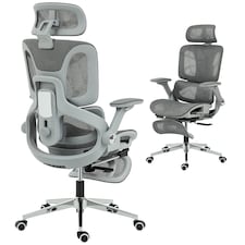 HOMCOM Ergonomic Office Chair, High Back Mesh Desk Chair with Reclining Separated Backrest, Lumbar Support, 4D Flip-up Armrests, Adjustable Headrest, Tilt Function, Footrest for Home Office, Grey | Grey