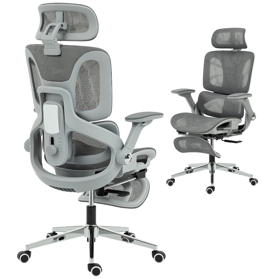 image 1 of HOMCOM Ergonomic Office Chair, High Back Mesh Desk Chair with Reclining Separated Backrest, Lumbar Support, 4D Flip-up Armrests, Adjustable Headrest, Tilt Function, Footrest for Home Office, Grey | Grey