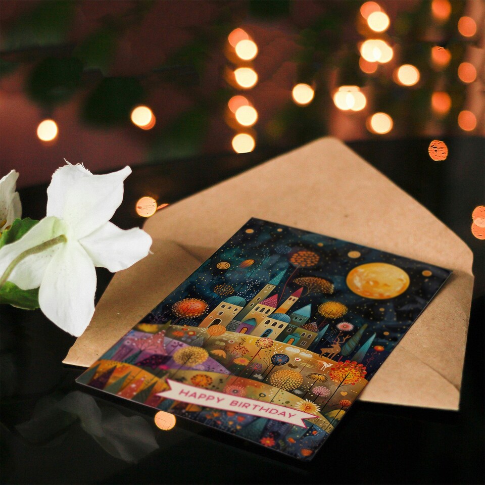 image 1 of Hilltop City Full Moon Stars Colourful Folk Her Birthday Card