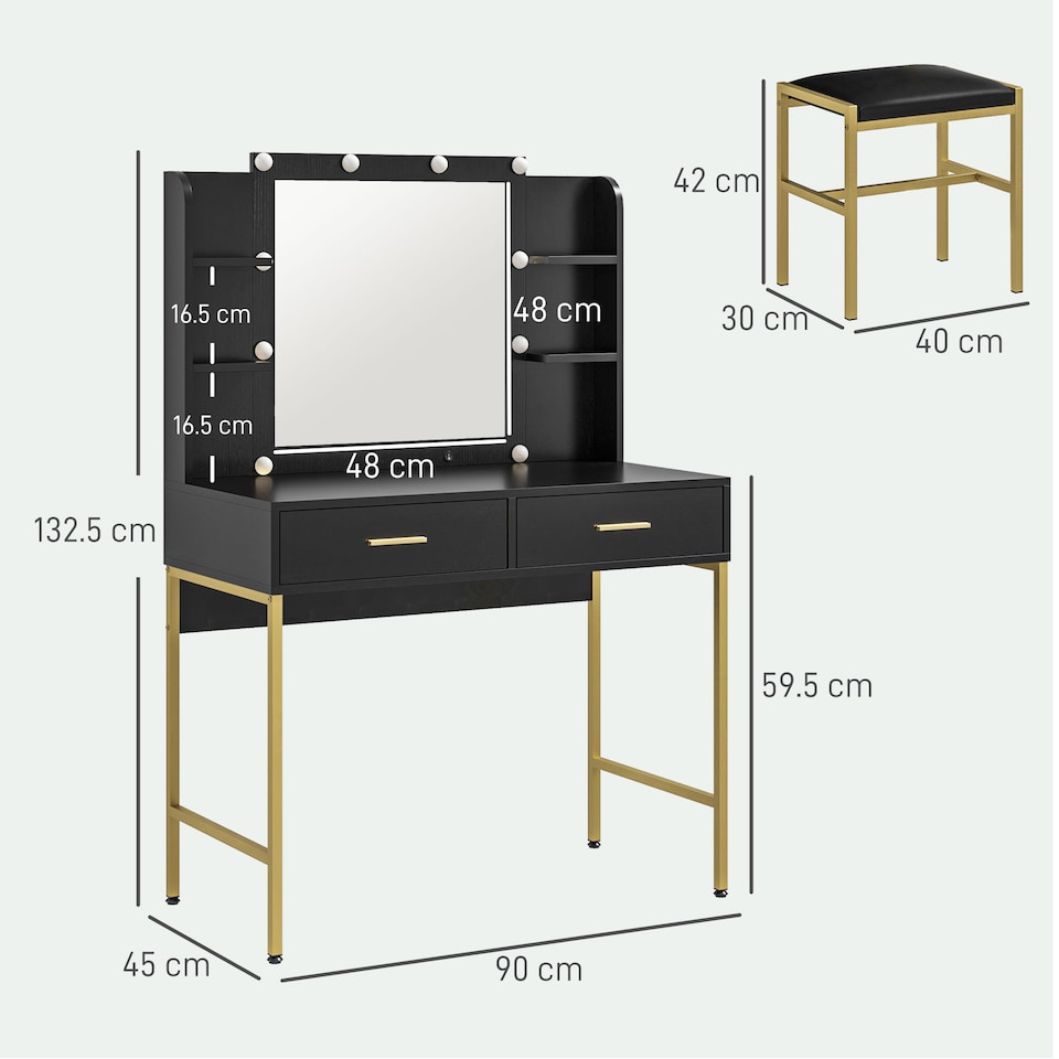 image 1 of HOMCOM Dressing Table with Lighted Mirror, Cushioned Stool, Drawers, Shelves, LED Makeup Vanity Desk Set, Modern Dresser Vanity Table for Bedroom, Black