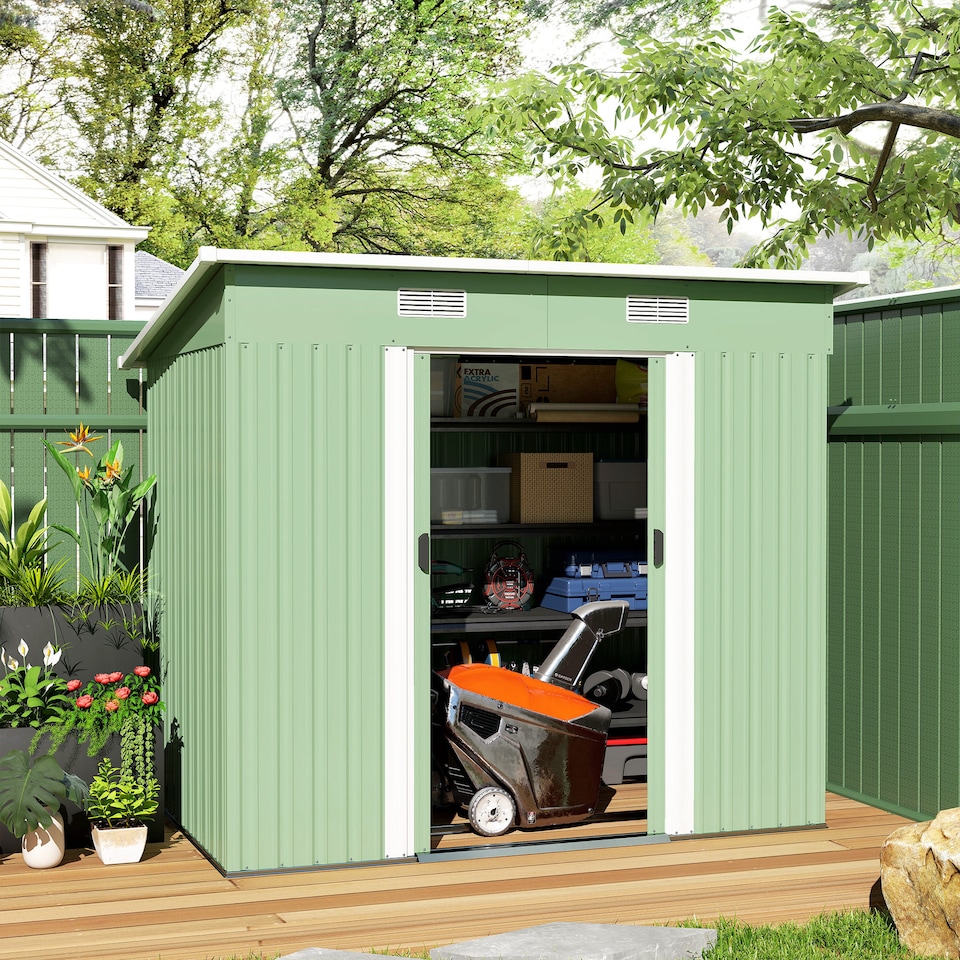image 1 of Outsunny 7 x 4ft Outdoor Storage Shed, Lean to Metal Garden Shed with Foundation Kit for Log, Rubbish Bin, Tool, Lawnmower, Bike, Light Green