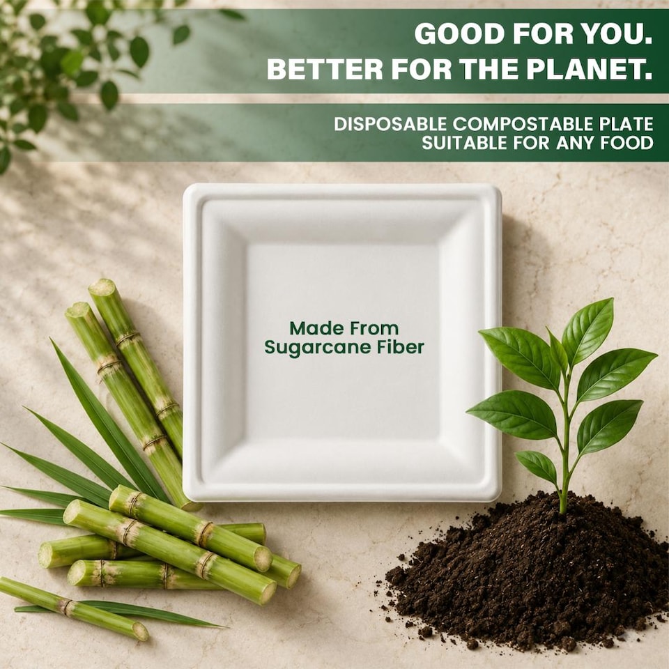 image 1 of ECONX 10 Inch Large Square Disposable Bagasse Plates Biodegradable Strong Paper Plates 50pk