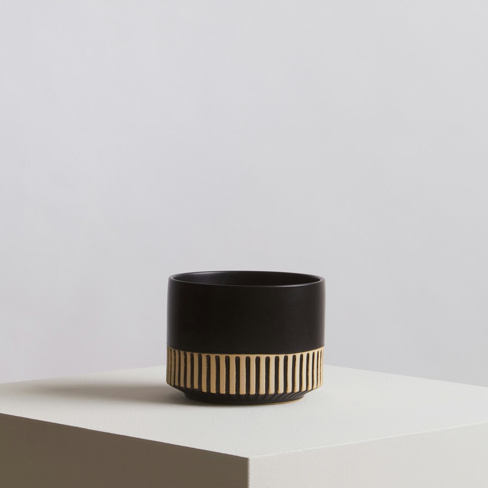 image 1 of Interiors by Premier Large Ceramic Planter, Modern Black and Gold Planter for Indoor Plants, Drum-shaped Ceramic Planter for Home Black