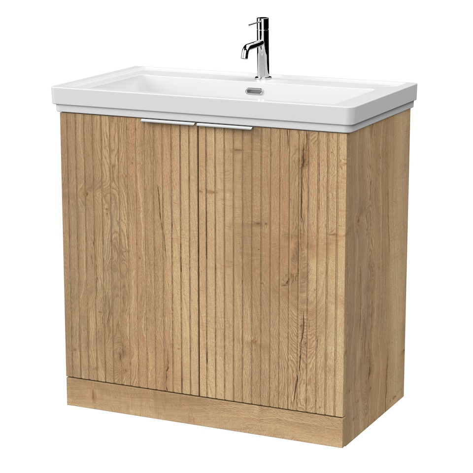 image 1 of Balterley Callingwood Contemporary Floor Standing 2 Door Vanity Unit with Traditional 1 Tap Hole Fireclay Basin , 800mm, Autumn Oak