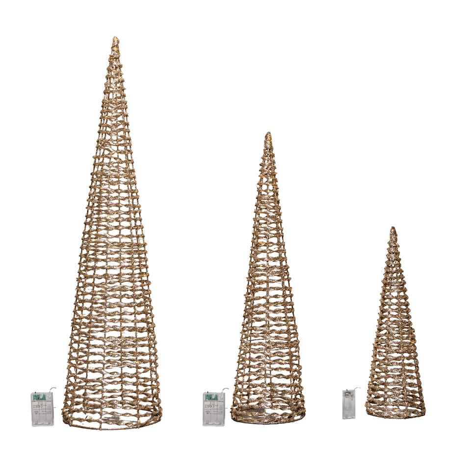 image 1 of Set of 3 Gold Glitter Twist Christmas Cone Trees with 90 Warm White LEDs