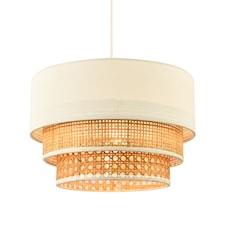 Contemporary Triple Tier Cream Linen and Natural Rattan Pendant Shade | Brown | Brown | 1