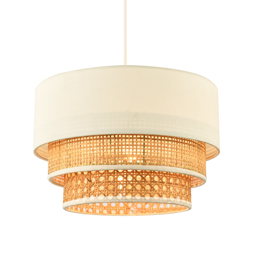image 1 of Contemporary Triple Tier Cream Linen and Natural Rattan Pendant Shade | Brown | Brown | 1