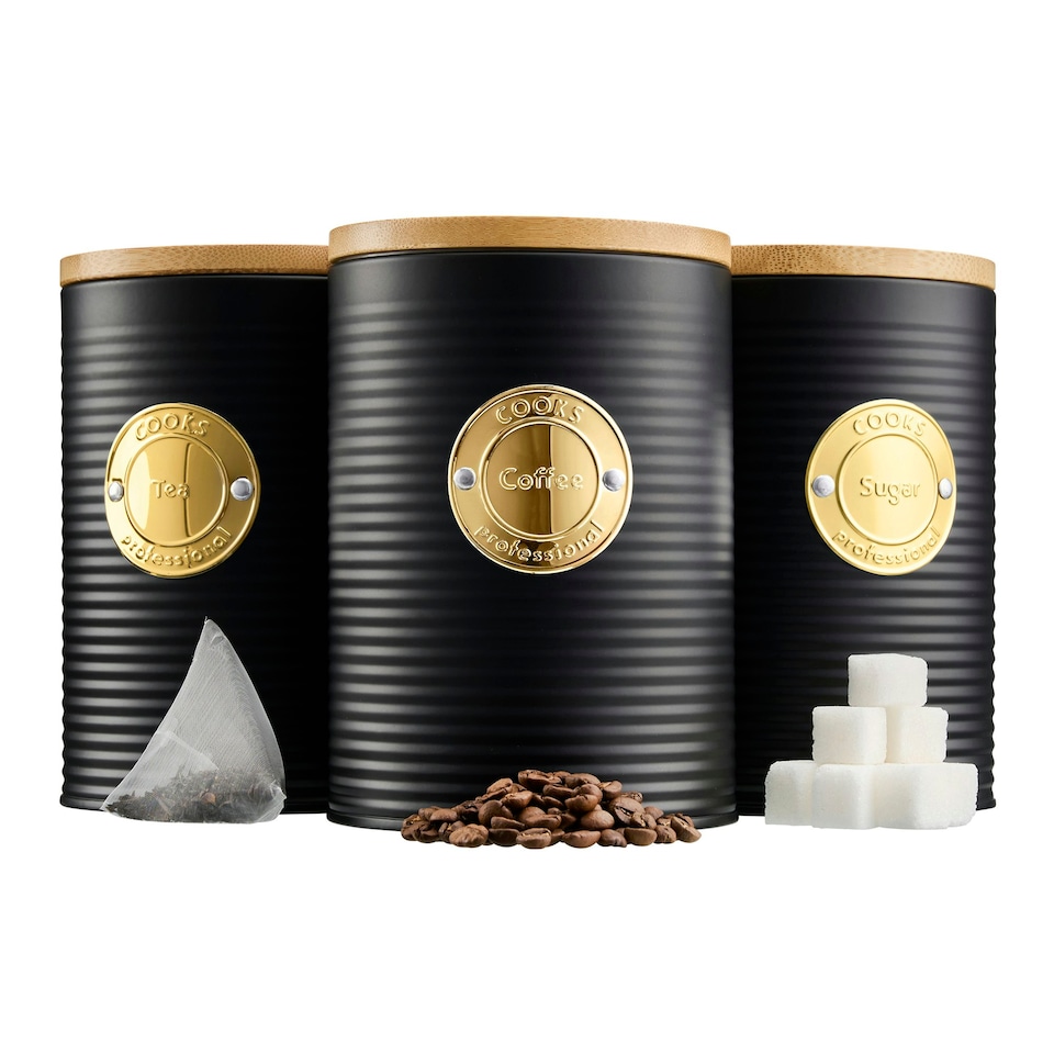 image 1 of Cooks Professional 3 Piece Ribbed Tea, Coffee, & Sugar Cannisters with Bamboo Lids | Stainless Steel Kitchen Storage Bins | Black & Gold