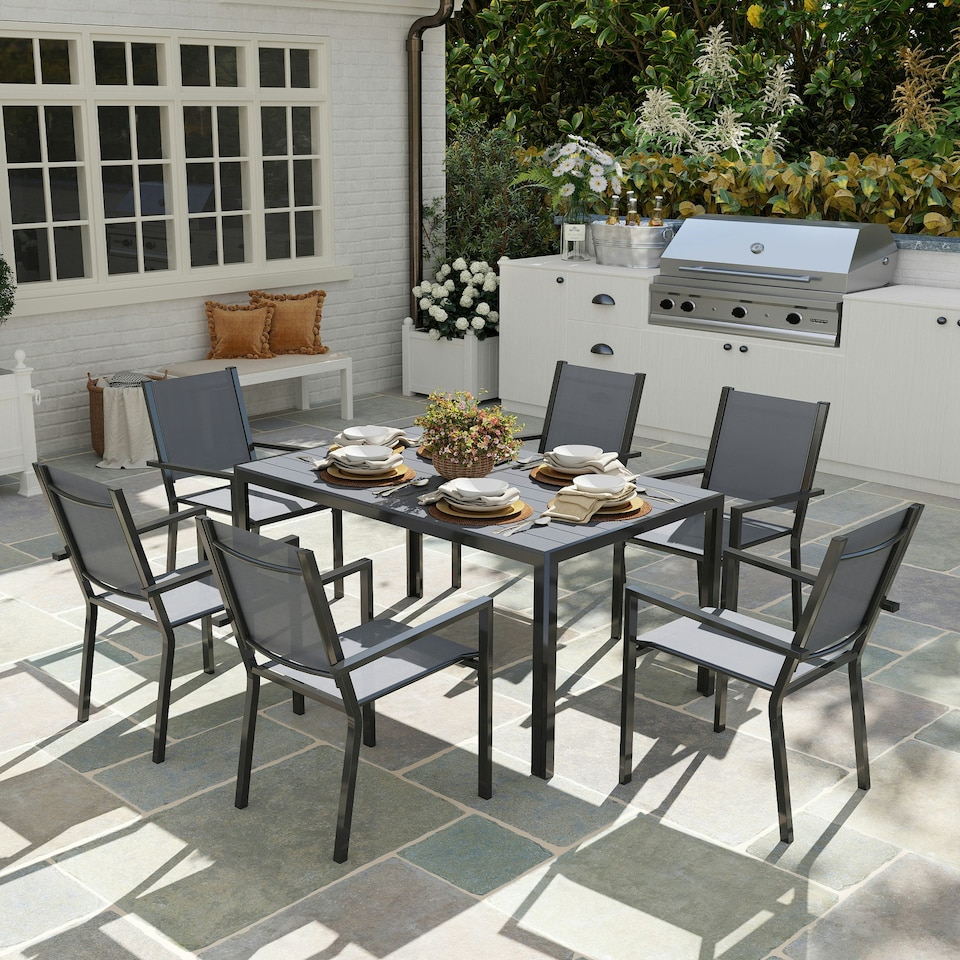 image 1 of Outsunny 7 Piece Garden Dining Set, Outdoor Furniture w/ 6 Stackable Chairs