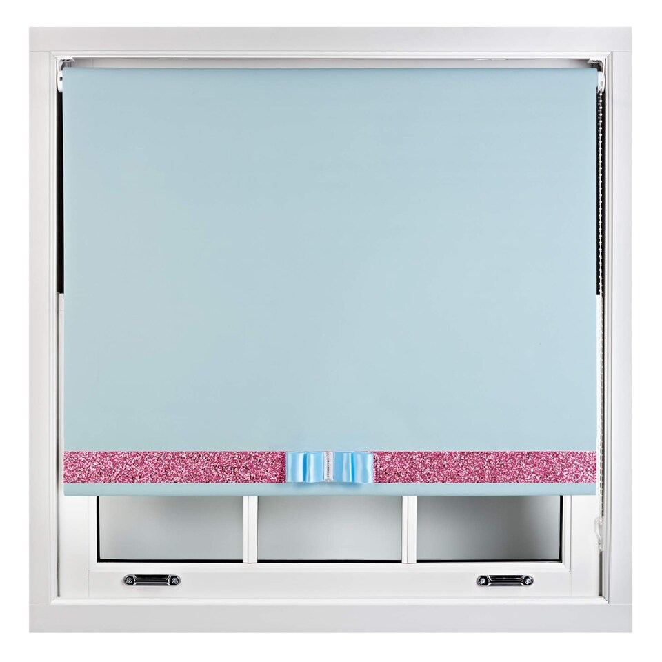 image 1 of FURNISHED Blackout Roller Blind with Pink Glitter Trim and Duck Egg Bow Trimmable Window Shade | Blue | Duck Egg Blue | (W) 190cm x (L) 210cm