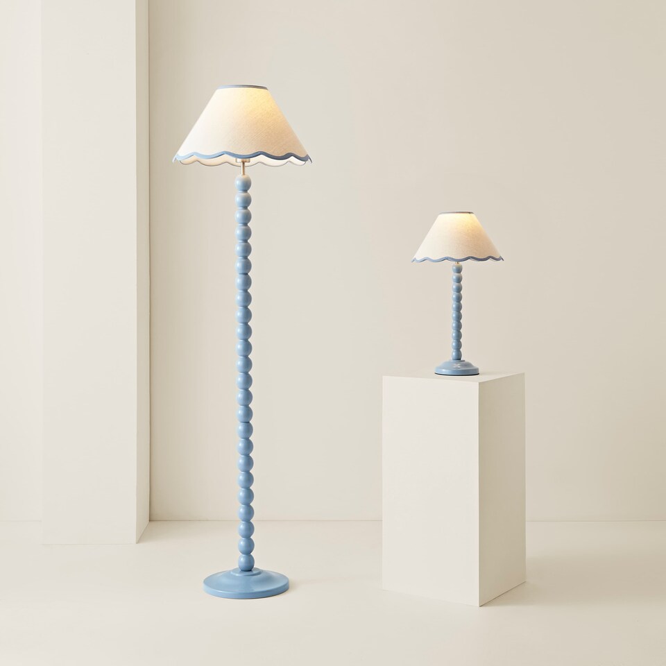 image 1 of ValueLights Bobbles Powder Blue Floor Lamp Blue Trim Scallop Shade & Bulb | Blue