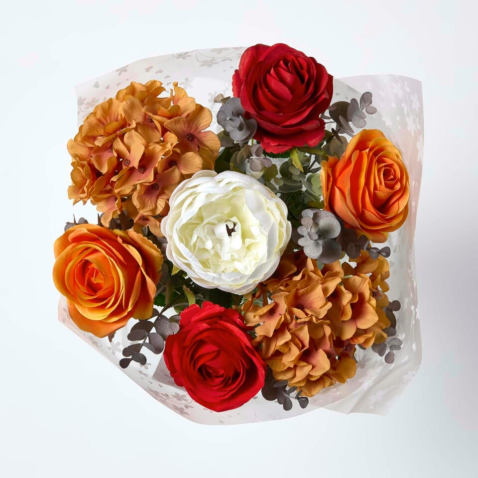 image 1 of Homescapes Artificial Orange Roses and Peonies Bouquet, 67 cm