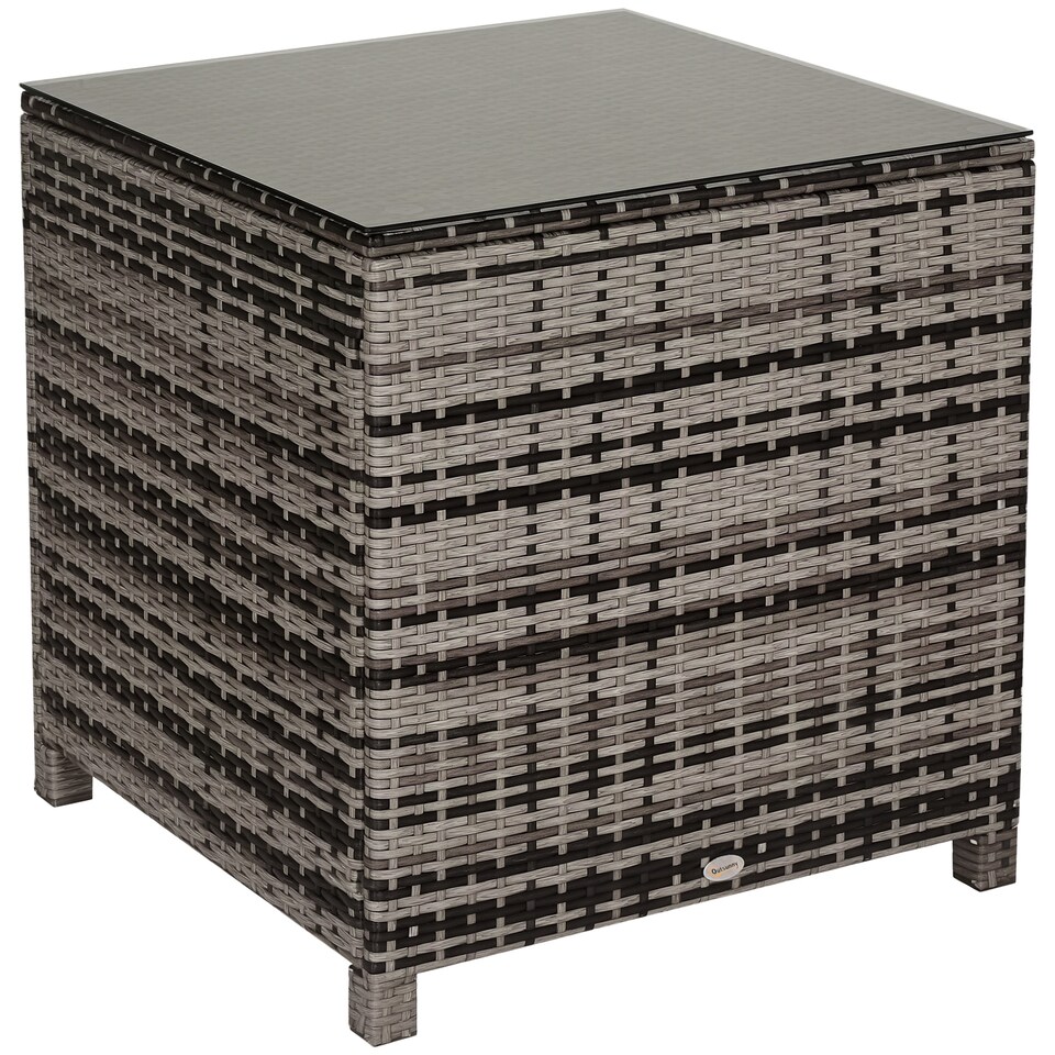 image 1 of Outsunny Patio PE Rattan Side Table, Square Outdoor Coffee Table w Tempered Glass Top, Mixed Grey