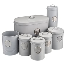 Cooks Professional 7pc Tea, Coffee, Sugar, Biscuit, Pasta, & Bread Bin Canister Set | Grey | Grey & Silver
