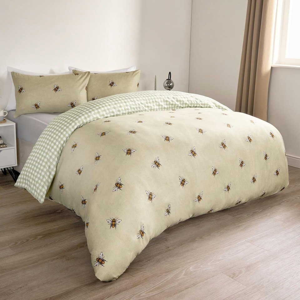 image 1 of OHS Bee Check Reversible Print Duvet Quilt Cover Bedding Set, Double - Sage Green