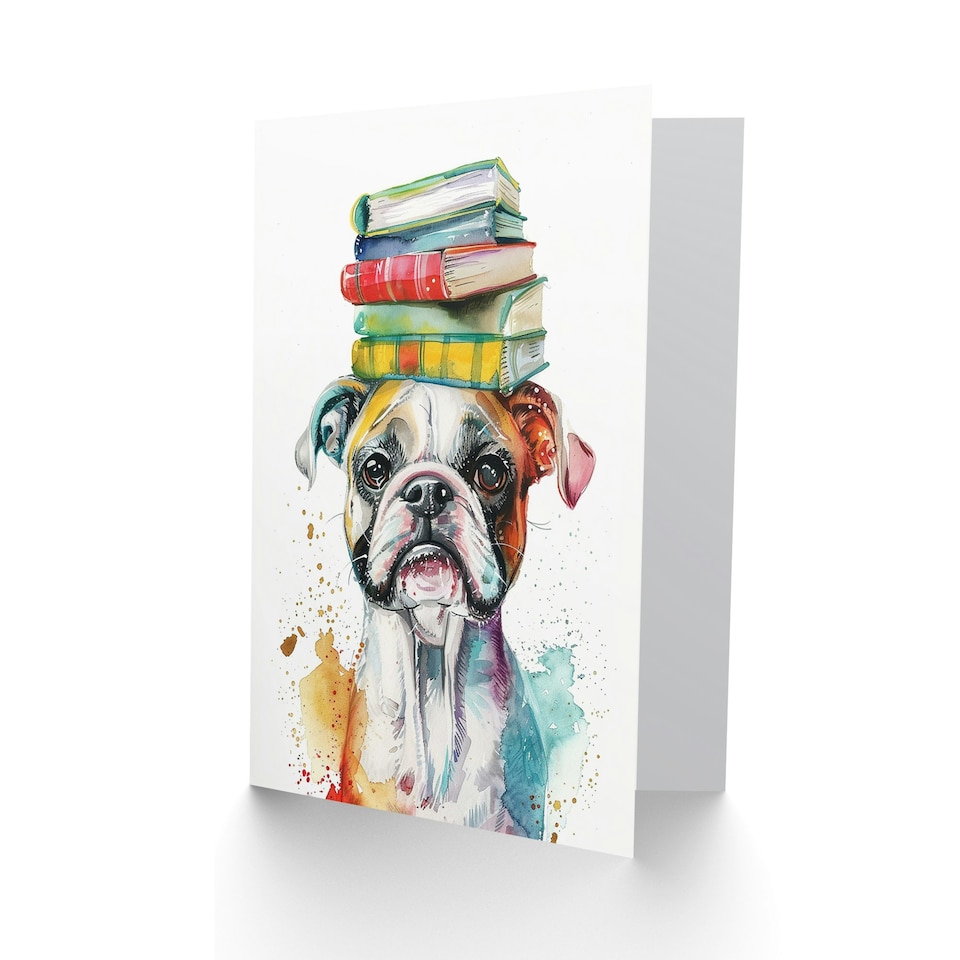 image 1 of Boxer Pet Portrait Book Stack Girl Boy Kids Daughter Son Birthday Card