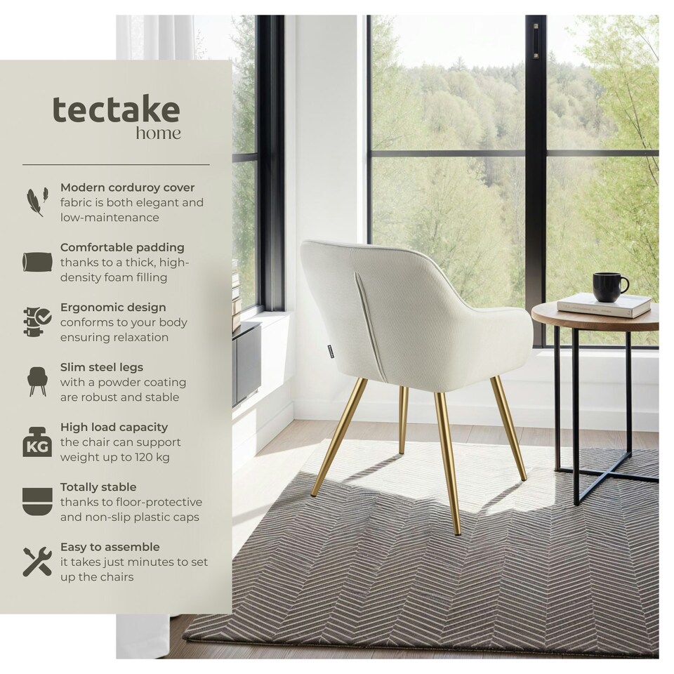 image 1 of Dining Chair Marilyn - corduroy look, upholstered, armchair, continuous backrest - Set of 4 Cream | Cream/Gold
