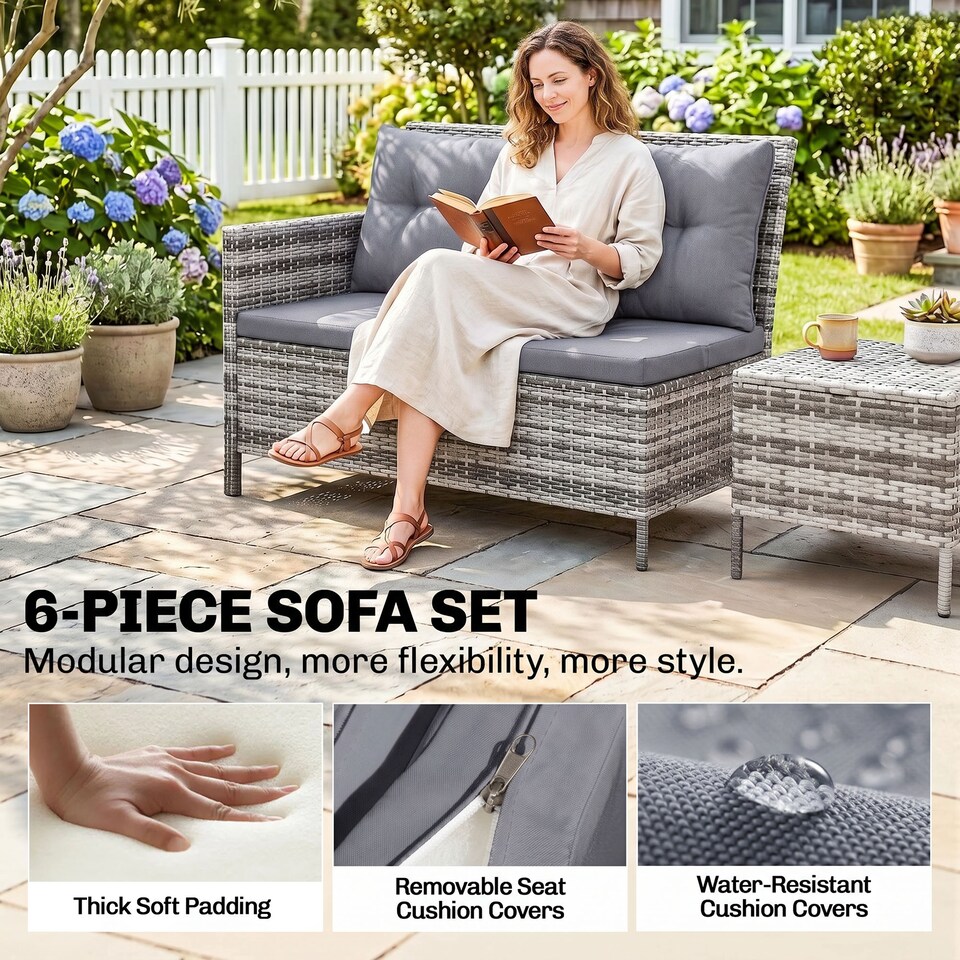 image 1 of Outsunny 6 PCs Patio wicker Sofa Set Rattan Chair Furniture w/ Glass & Cushioned