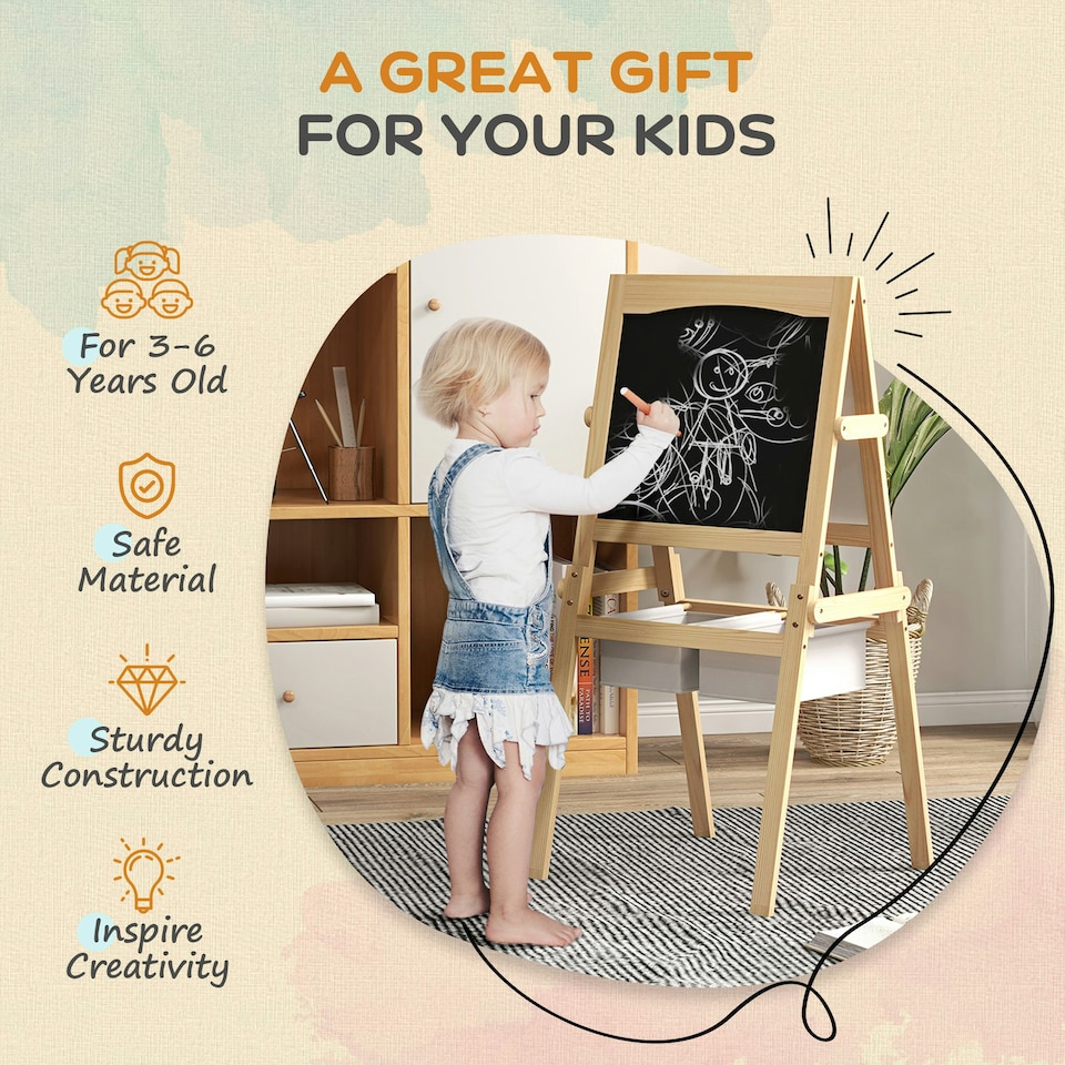 image 1 of AIYAPLAY 3 in 1 Kids Easel with Paper Roll, Storage Baskets - Natural