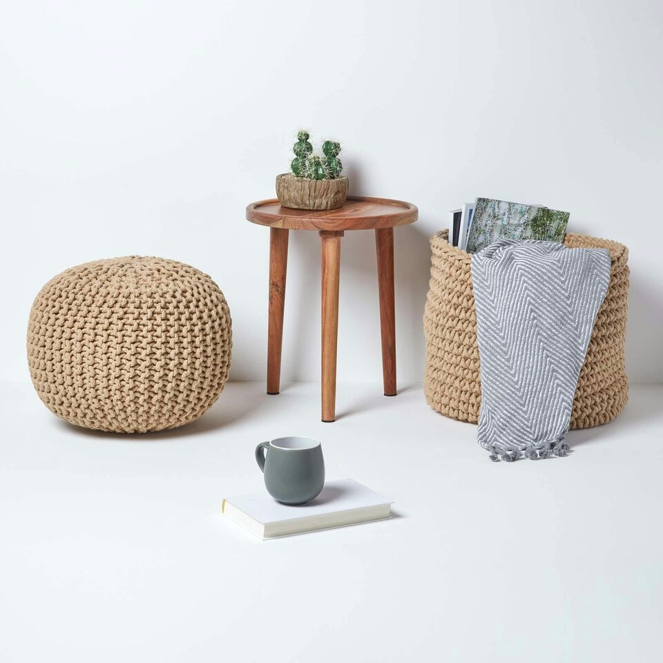 image 1 of Homescapes Linen Round Cotton Knitted Pouffe Footstool - 35 x 40 cm