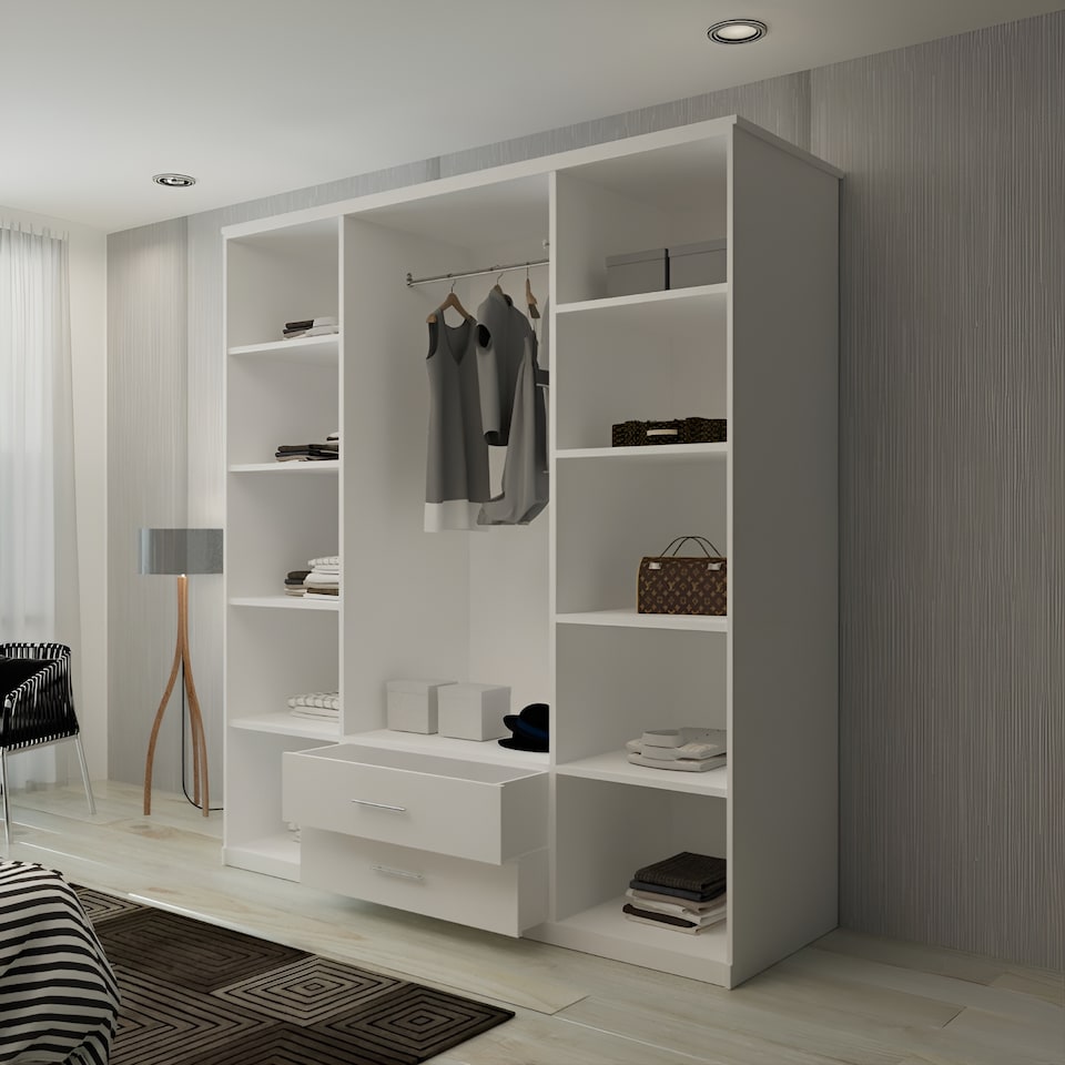image 1 of Modern Space-Saving 4-Door Hinged Wardrobe with Central Mirrored Doors - 8 Shelves & 2 Drawers, 171cm Wide