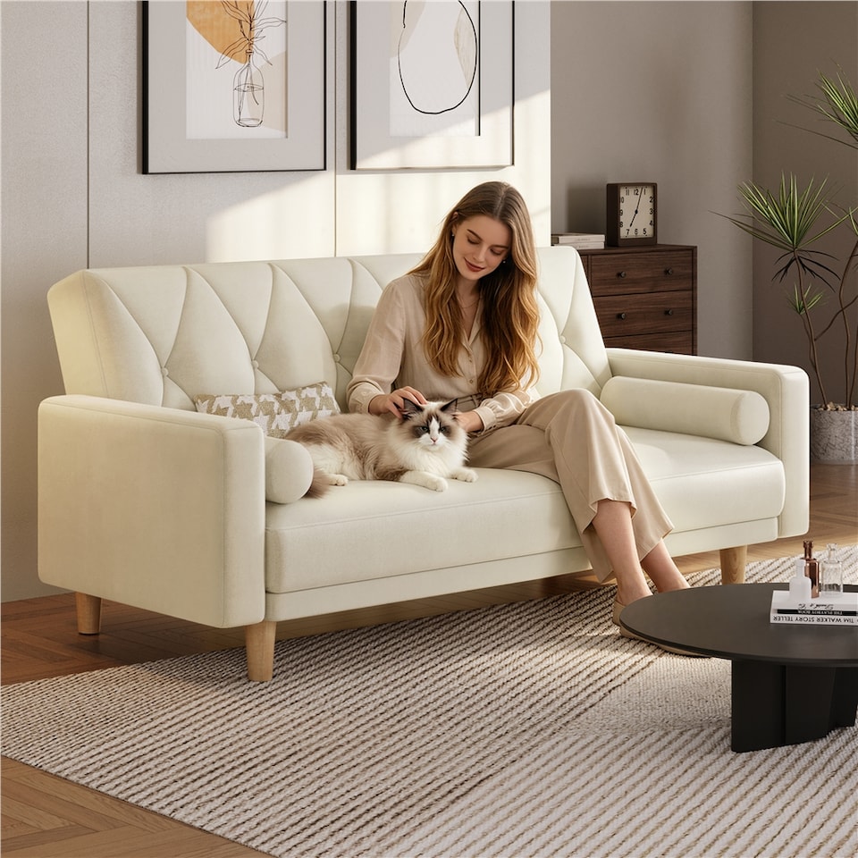 image 1 of Yaheetech Velvet Convertible Sofa Bed with 2 Bolster Pillows-Beige