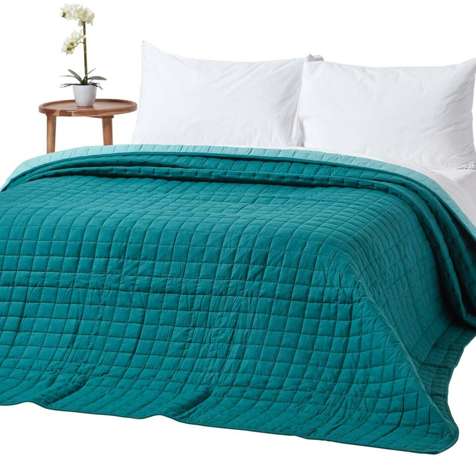 image 1 of Homescapes Cotton Quilted Reversible Bedspread Teal and Blue - 200 x 200 cm | Blue