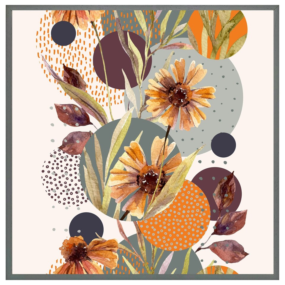 image 1 of Orange geometric with flowers (Picture Frame) Black | M