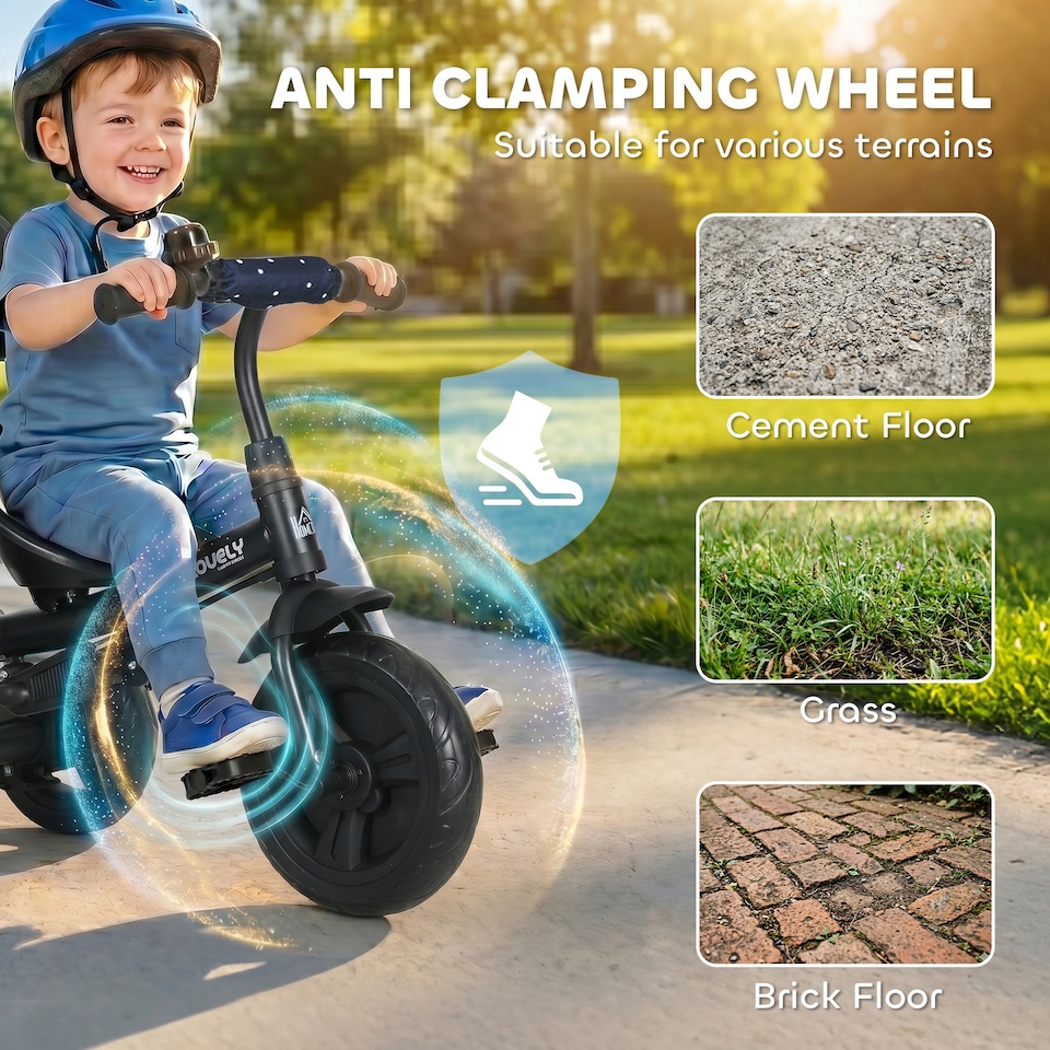 image 1 of HOMCOM 6 in 1 Kids Tricycle w/ Removable Handle for 1.5+ year, Dark Blue