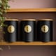 image 3 of Cooks Professional 5 Piece Ribbed Tea, Coffee, Sugar, Biscuit & Bread Cannisters with Bamboo Lids | Stainless Steel Kitchen Storage Bins | Black & Gold