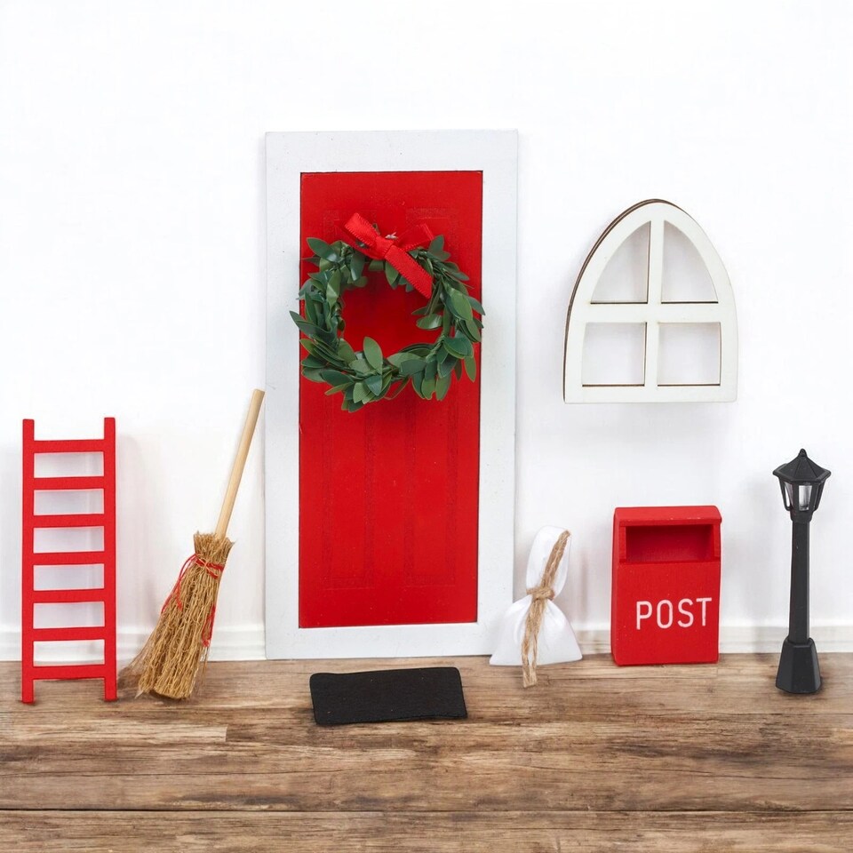 image 1 of 9Pcs Miniature Wooden Elf Christmas Village Scene Red & White Door Decoration | Multi | Multicoloured | Lantern