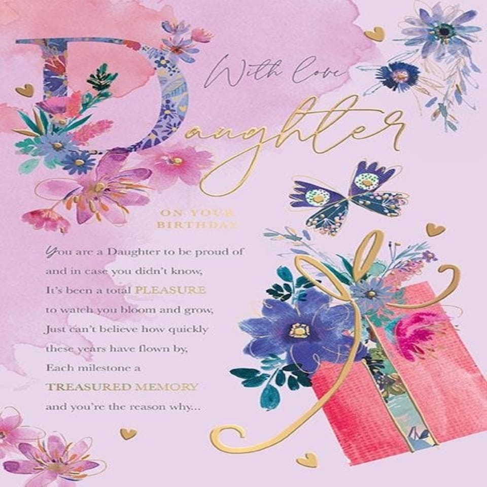 Words 'n' Wishes Birthday Card for Daughter, Purple Floral Design with Rose Gold Foil, With Love Message