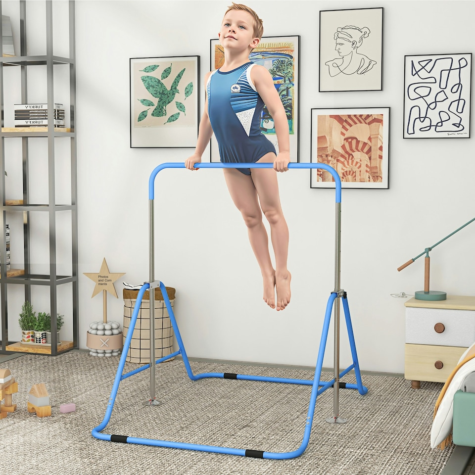 image 1 of HOMCOM Kids Gymnastic Bar w/ Adjustable Height, Foldable Training Bar - Blue