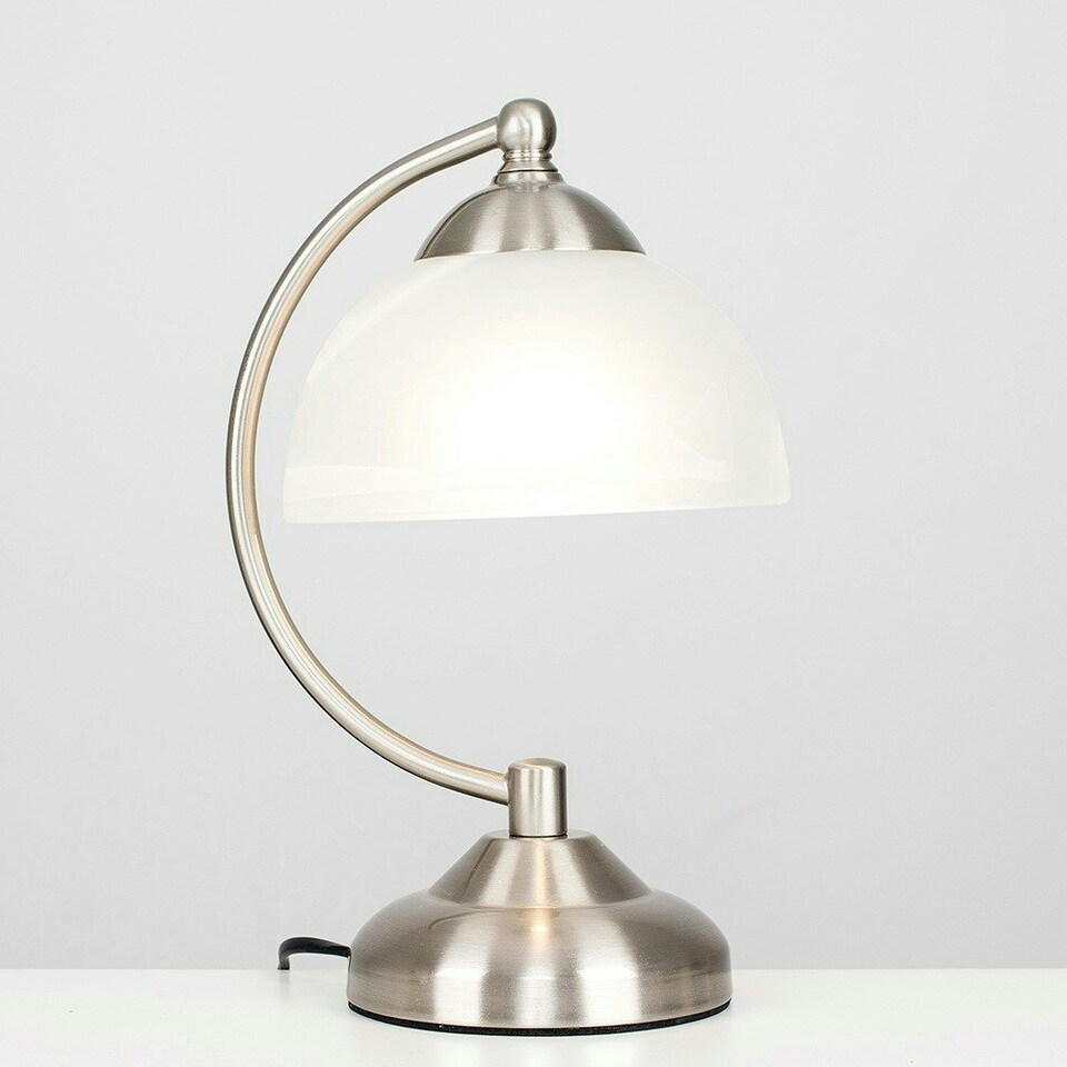 image 1 of ValueLights Curved Brushed Chrome And Frosted Glass Bedside Table Lamp