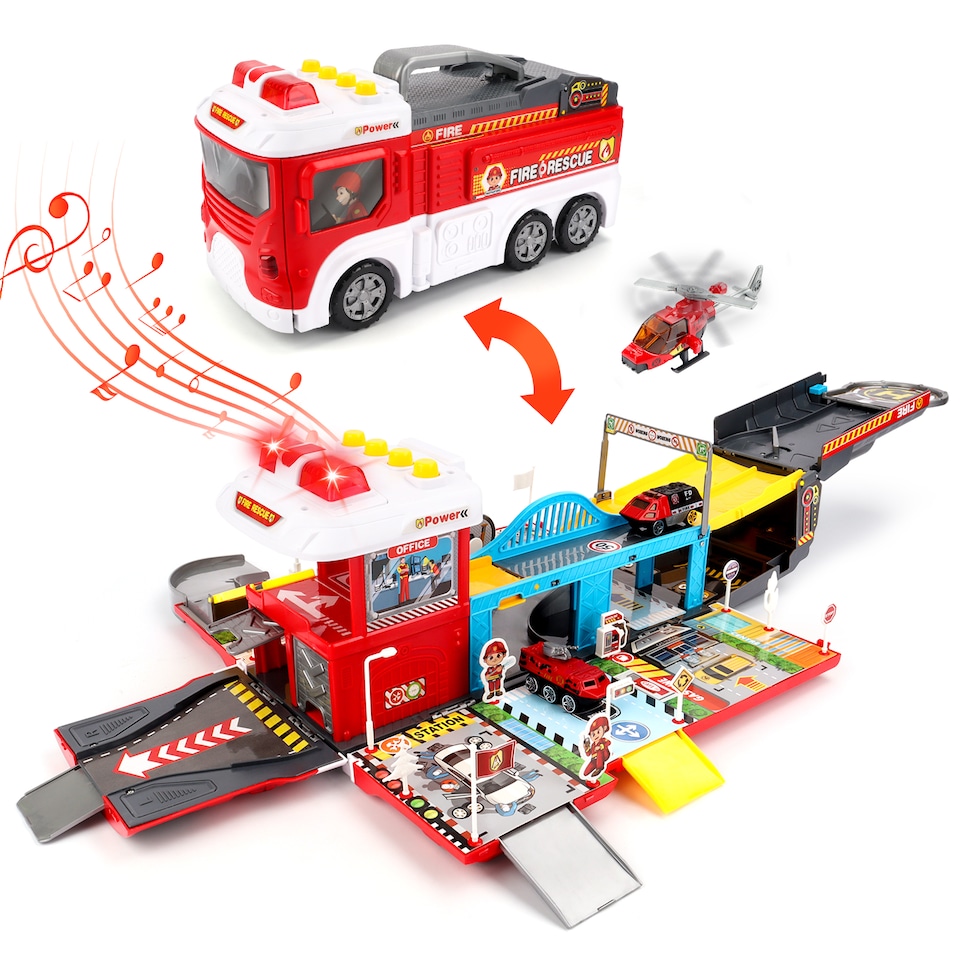 image 1 of Fire Rescue Play Set with Helicopter, Fire Station, Vehicles, Lights & Sounds – Includes 22 Accessories for Action-Packed Role Play