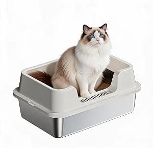 London Boutique Stainless Steel Cat Litter Box 50x35x22cm - High Sided Anti-Leak Metal Litter Tray with Grid, Scratch-Resistant & Odor-Free for Large