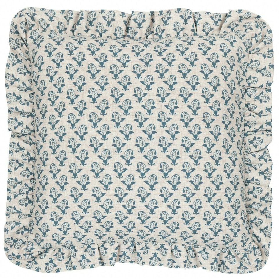 image 1 of furn. Lulah Block Printed Ruffle Linen/Blue Cushion Cover 45 x 45cm Multi
