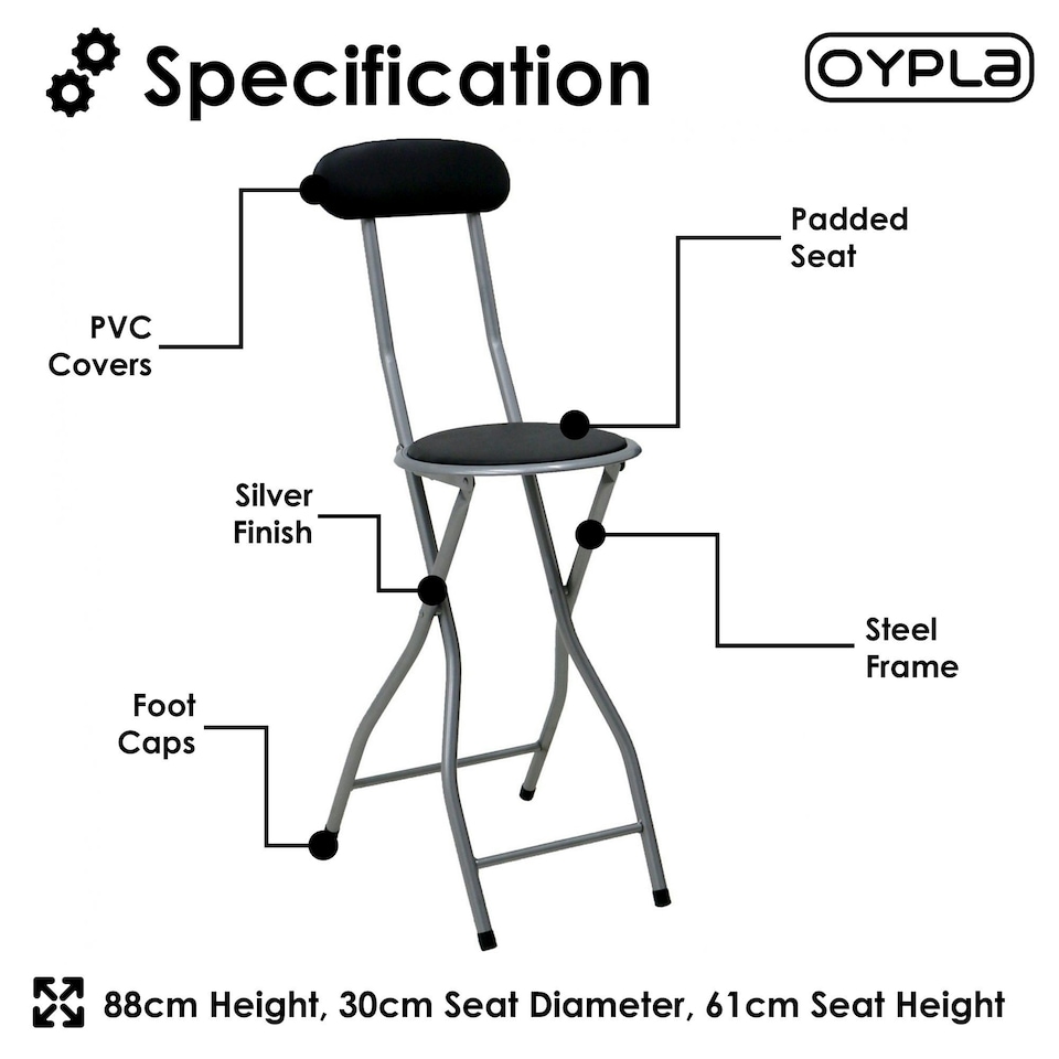 image 1 of Oypla Black Padded Folding High Chair Breakfast Kitchen Bar Stool Seat Black