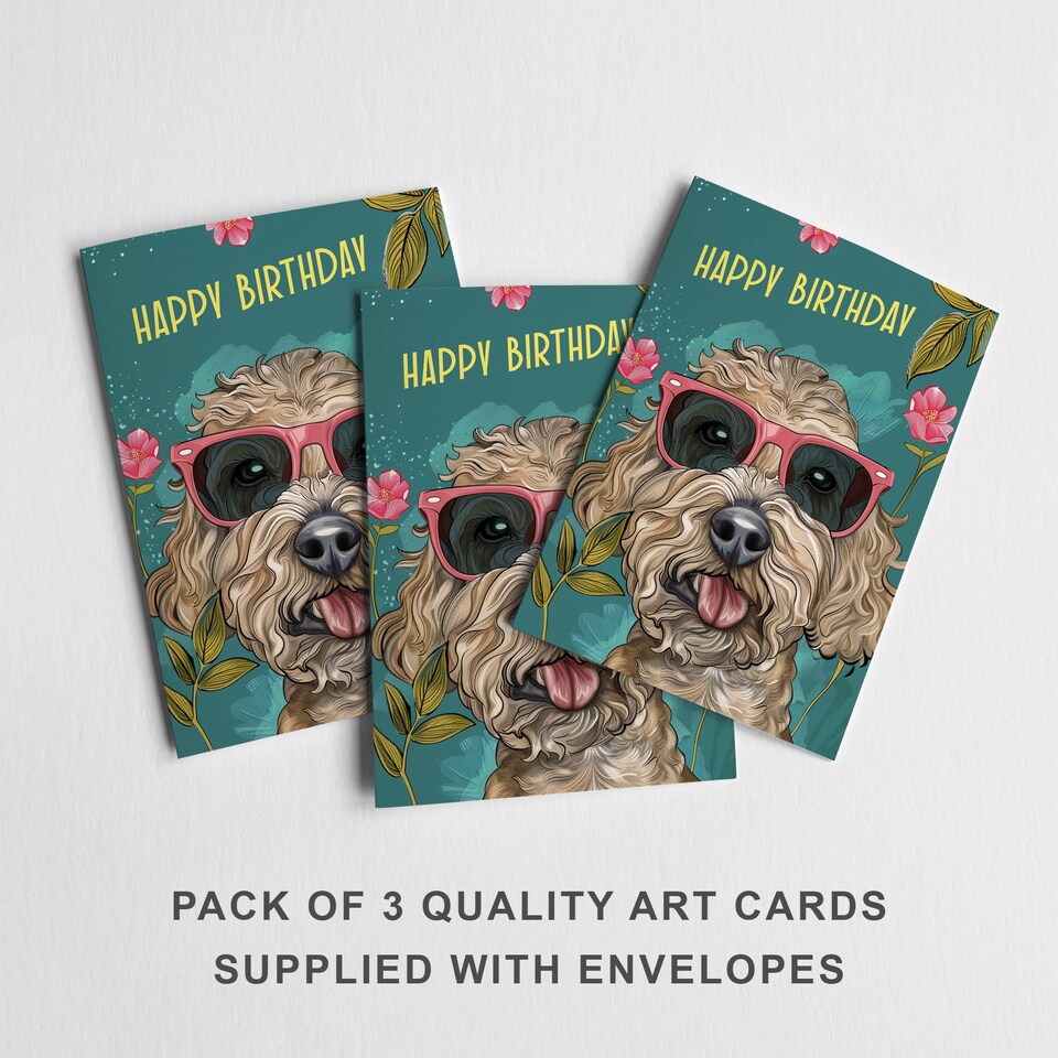 image 1 of Cockapoo Sunglasses Birthday Card Funny Dog Lover Set of 3 Greeting Cards Blank