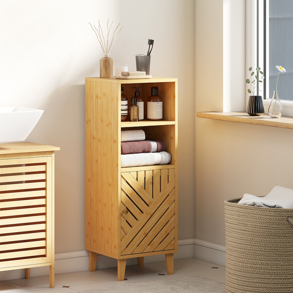 image 1 of HOMCOM Slim Bathroom Cabinet with Bamboo Door and Legs, Narrow Bathroom Storage Cabinet, Freestanding Storage Cupboard with Open Compartments, 32 x 30 x 90 cm, Natural Wood Finish