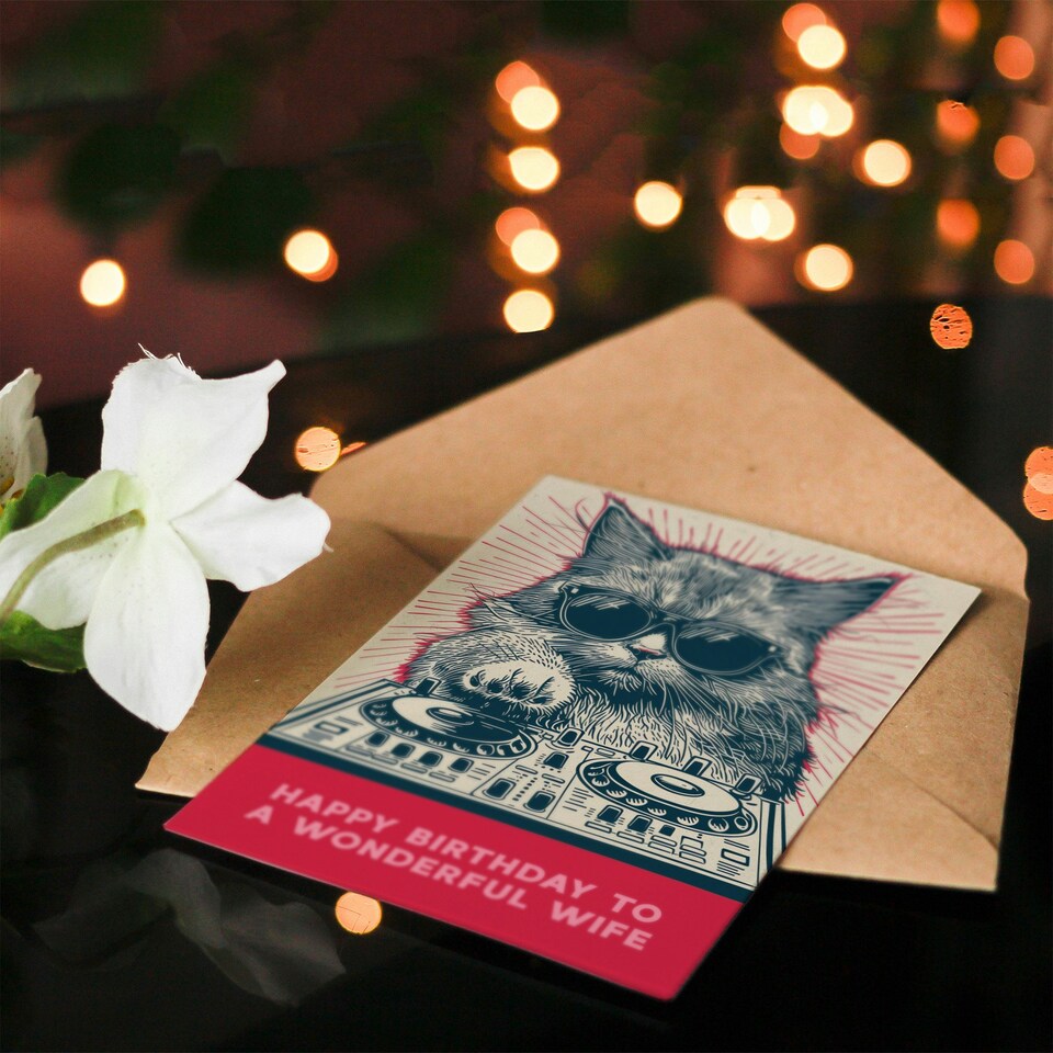 image 1 of DJ Moggie Cat Retro Cool On Decks Fun Cat Wife Funny Birthday Card