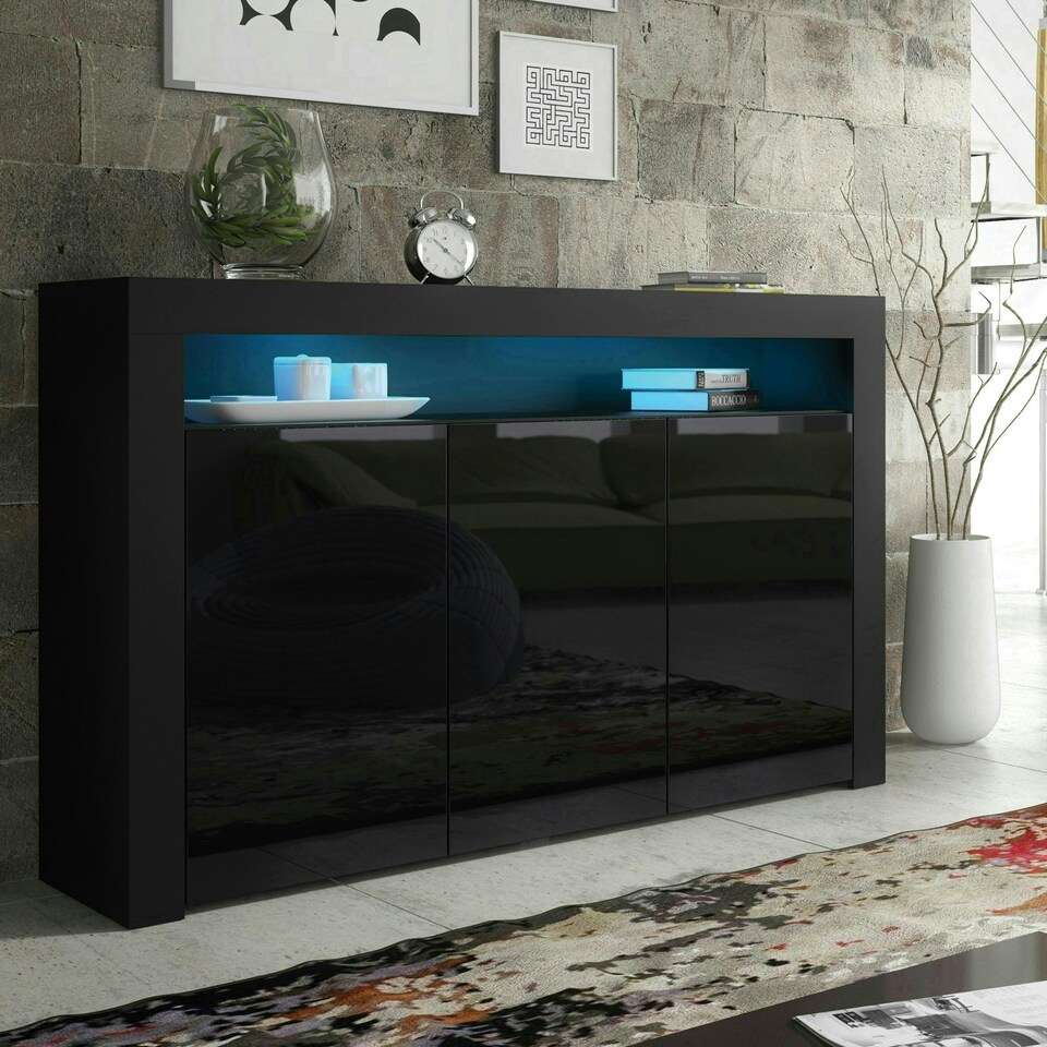 image 1 of Sideboard 155cm Black Gloss Doors Black Matt Body Free LED Glass Shelf Black