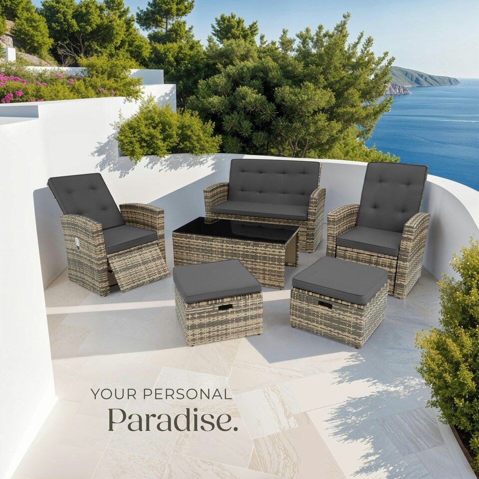 image 1 of Garden Furniture Set Bari - outdoor sofa, 2 reclining armchairs, 2 footstools, table - Nature