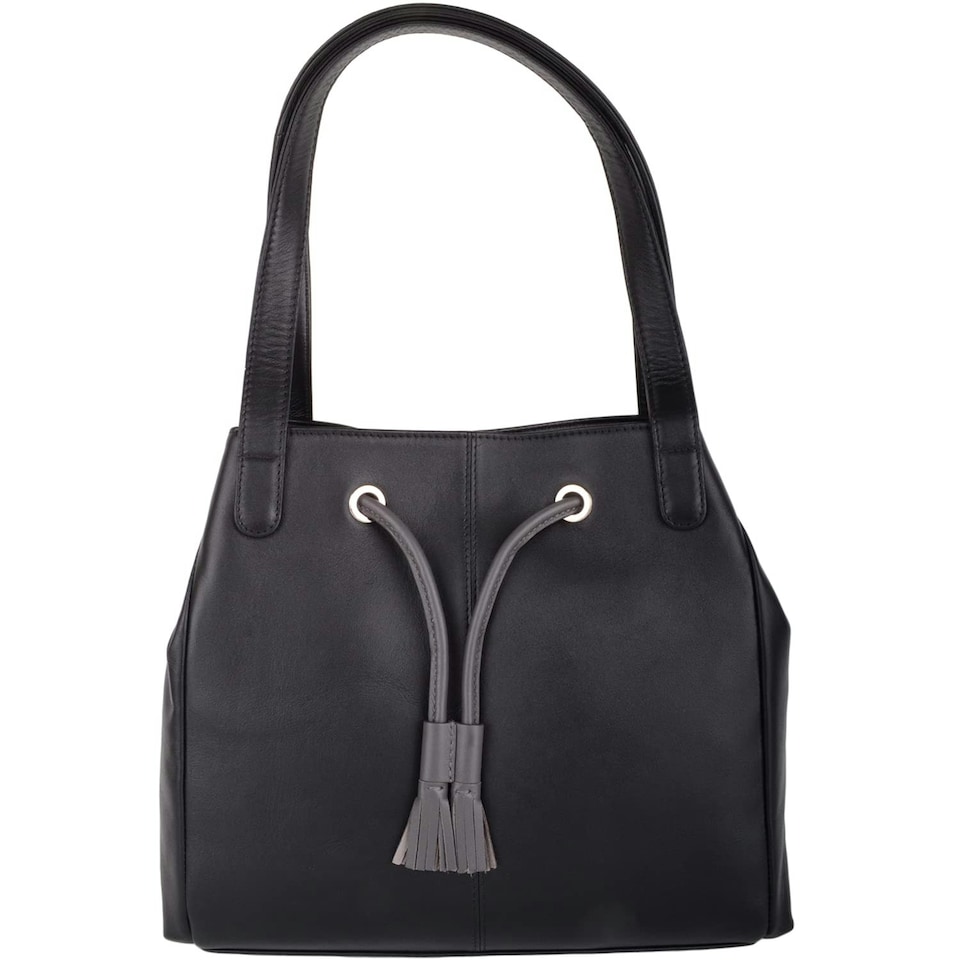 image 1 of Genuine Soft Leather Contrast Drawstring Tote Style Shoulder Handbag Pink | Blush