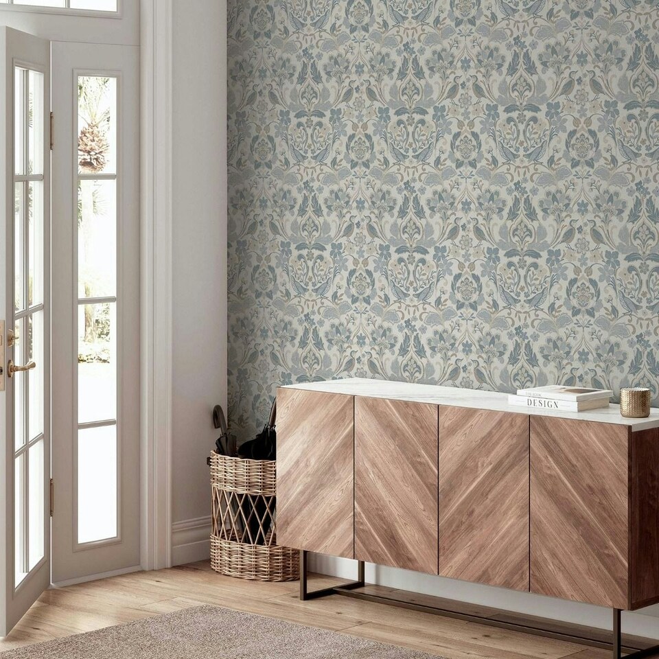 image 1 of World Of Wallpaper Folk Floral Textured Wallpaper - Soft Blue - 10m x 53cm Blue