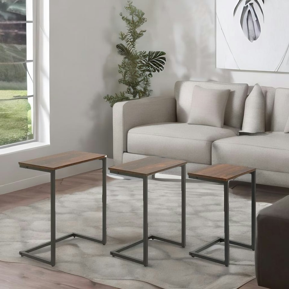 image 1 of Set Of 3 C-Shaped Nesting Tables Rustic Brown Brown