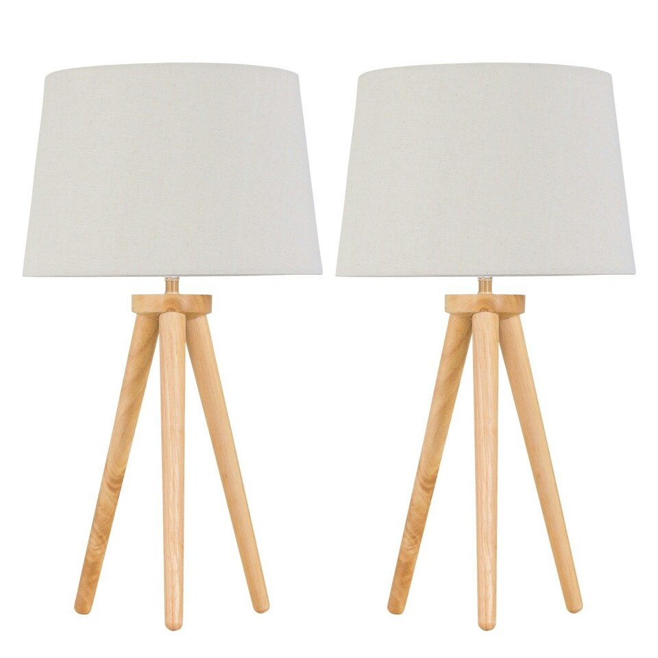 image 1 of Set of 2 Light Oak Table Lamp Bedside Lights with Natural Linen Shades | Brown | Brown | Large | 2