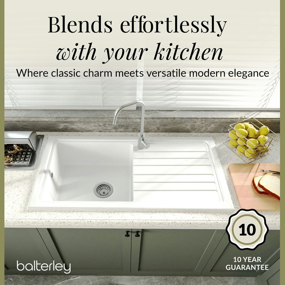 image 1 of Single Bowl Fireclay Ceramic Inset Kitchen Sink & Drainer with Compatible Waste - 1010mm